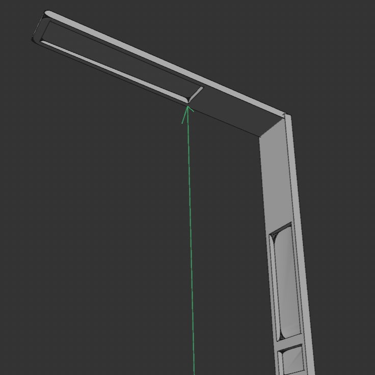 A bird's eye view of the desk lamp.<br>
                I wanted to show the three booleans I created for the light and the
                displays. The top plane's corners are also rounded.