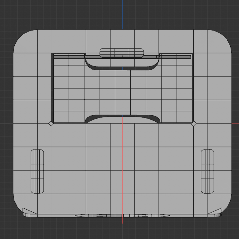 A top-down view of the tablet stand with gouraud shading (lines).<br>
                This is where I focused on adjusting the position of each shape by relying
                on the symmetry tool as well as the grid lines.