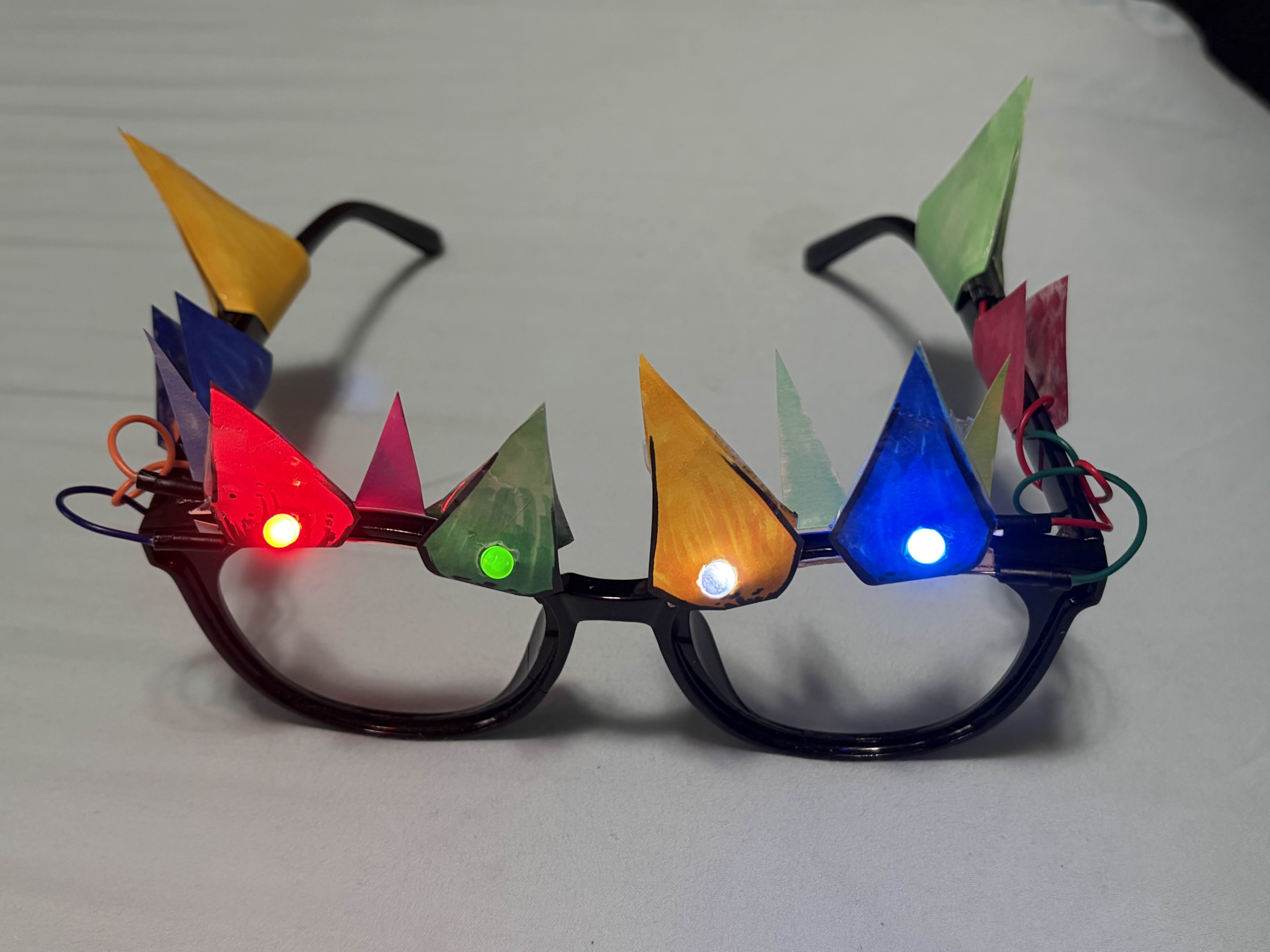Rave glasses with lights on. The jumper cables are plugged into the sides of
              the rim.