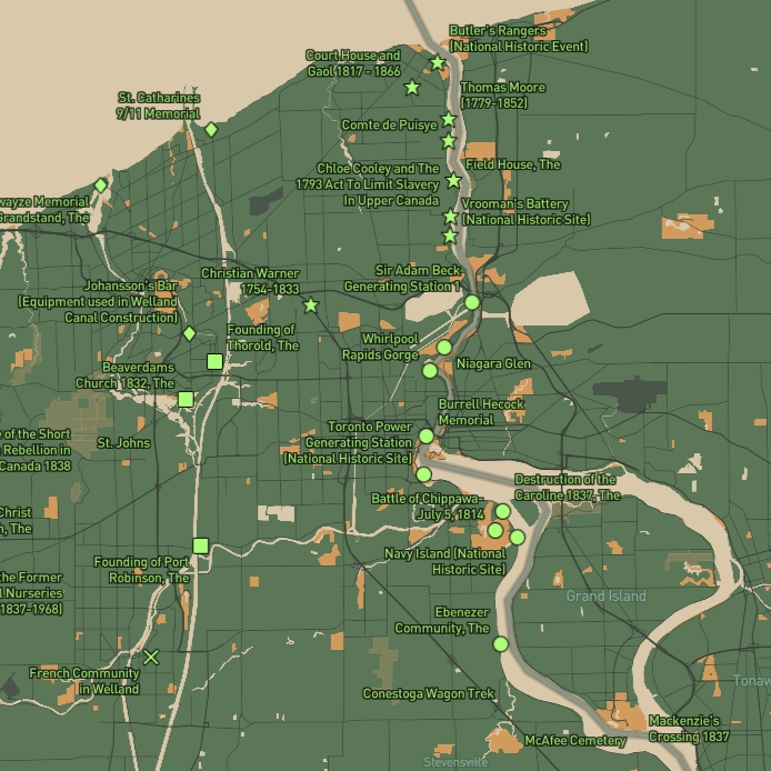 Experimenting with bivariate data mapping. This shows historical sites in Niagara Falls with styled symbols.