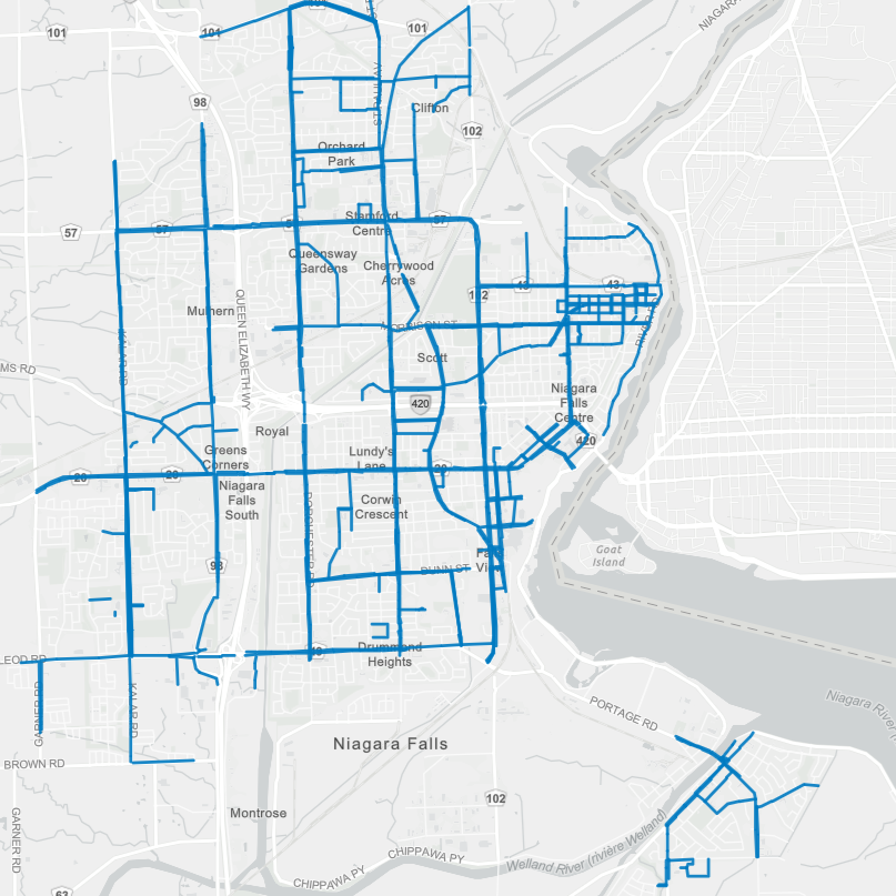 The official Niagara Falls' data mapping showing snow plow routes in the region.