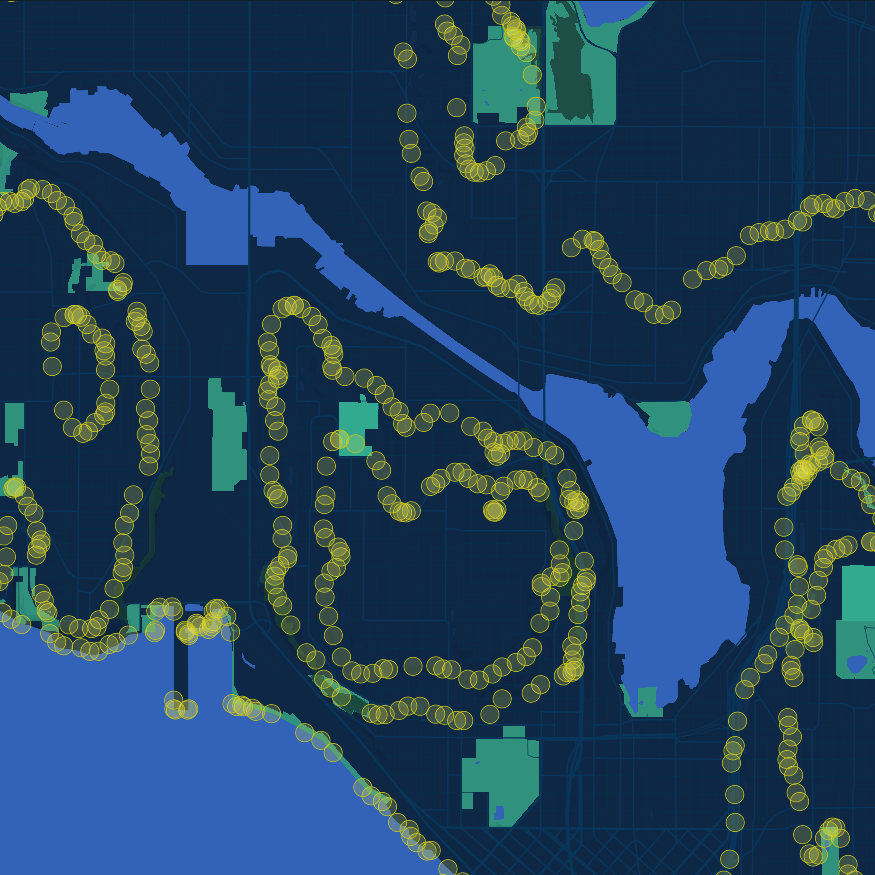My first time working with data-driven circles in Mapbox. The data shown is illegal dumping sites in Seattle.