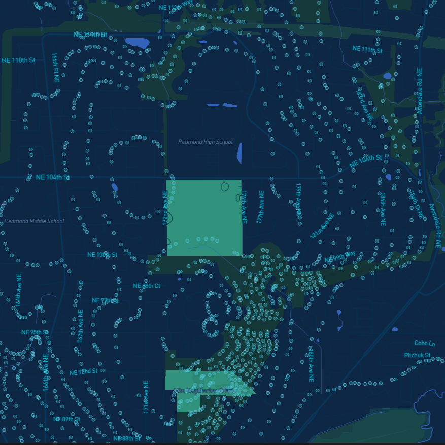 Experimenting with bivariate data mapping. This shows discrete data mapping with illegal dumping reports around a high school's grounds.