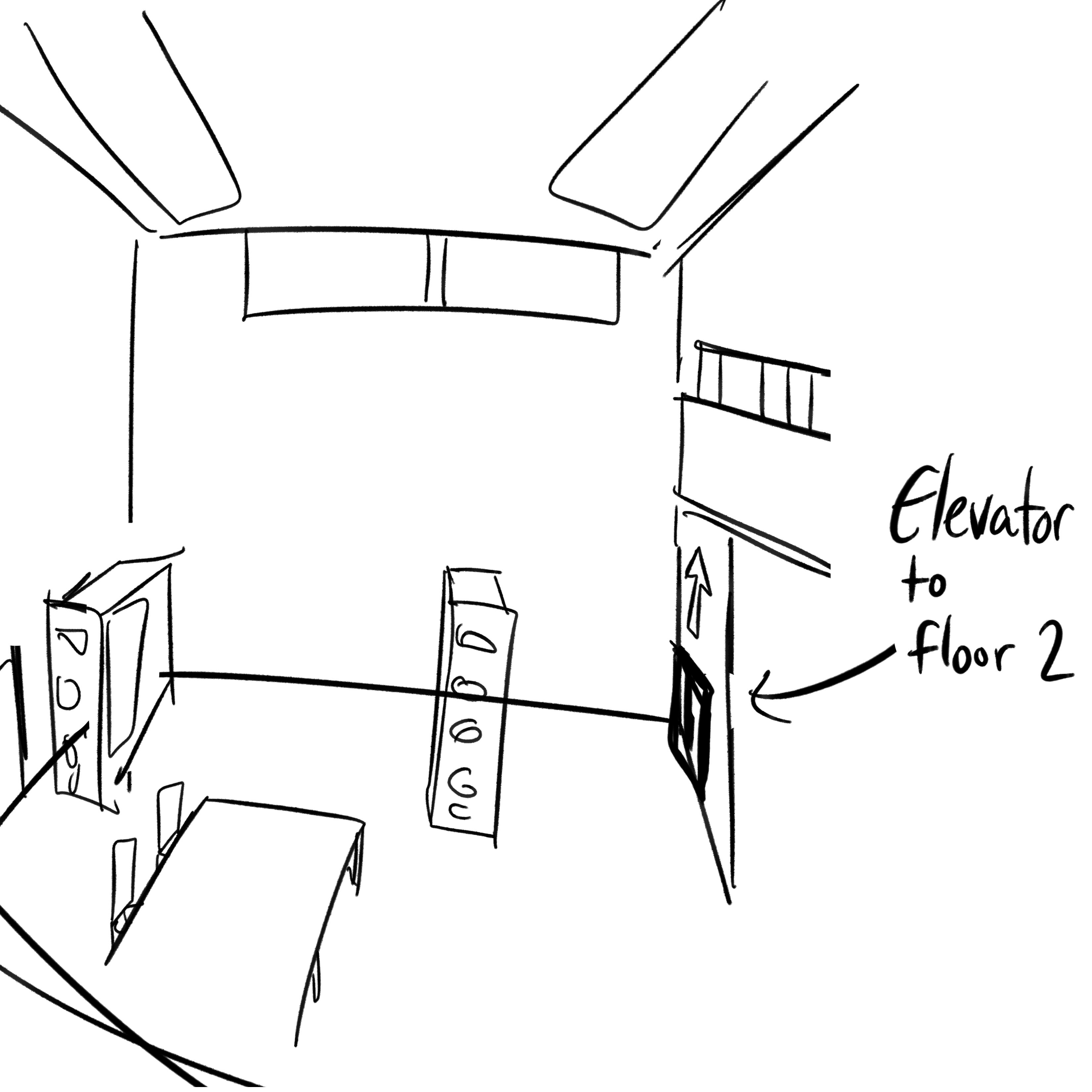 Proposal: An elevator from the ground floor to the second floor.<br>
                There are no major changes to the ceramics studio itself. Rather, this suggestion
                was highlighted not only out of accessibility purposes, but because there are no 
                ramps or elevators to access the next floor. There are only stairs.
                The inside of the elevator is clean and has a typical appearance. However, the area
                would be long, similar to those elevators found in airports. They accommodate for
                trolleys, wheelchairs, or larger ceramics being transported.